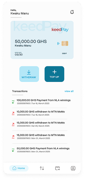 KeedPay home screen showing account balance and transactions
